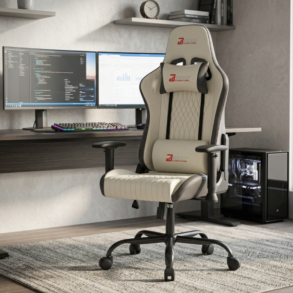 Ергономичен бял геймърски стол с поставка за крака, регулируема височина и 3D подлакътници