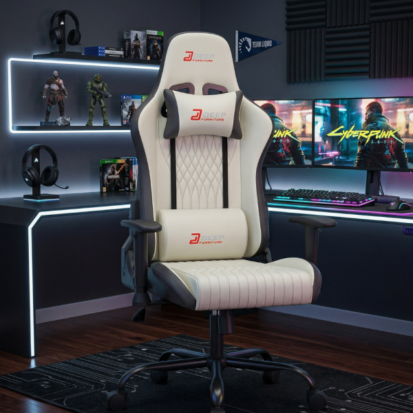 Ергономичен бял геймърски стол с поставка за крака, регулируема височина и 3D подлакътници