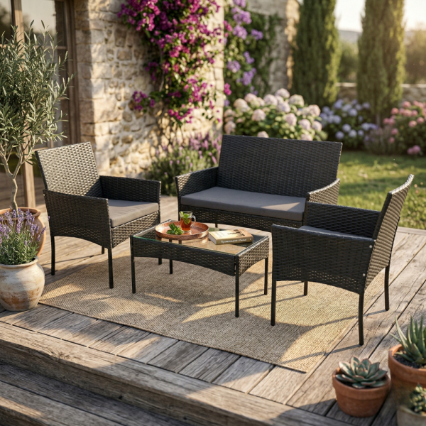 Елегантен ратанов комплект за градина с маса и възглавници - комфорт и стил