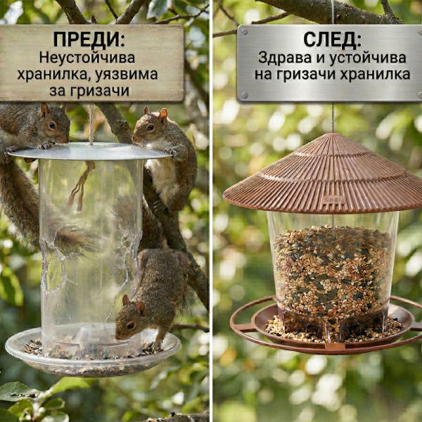 Устойчива хранилка за птици за външна употреба – Голям капацитет, защита от катерици и лесно почистване