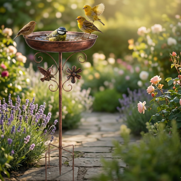 Метална градинска поилка и хранилка за птици 2-в-1 с декоративни елементи и стабилна основа