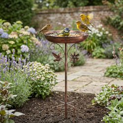 Метална градинска поилка и хранилка за птици 2-в-1 с декоративни елементи и стабилна основа
