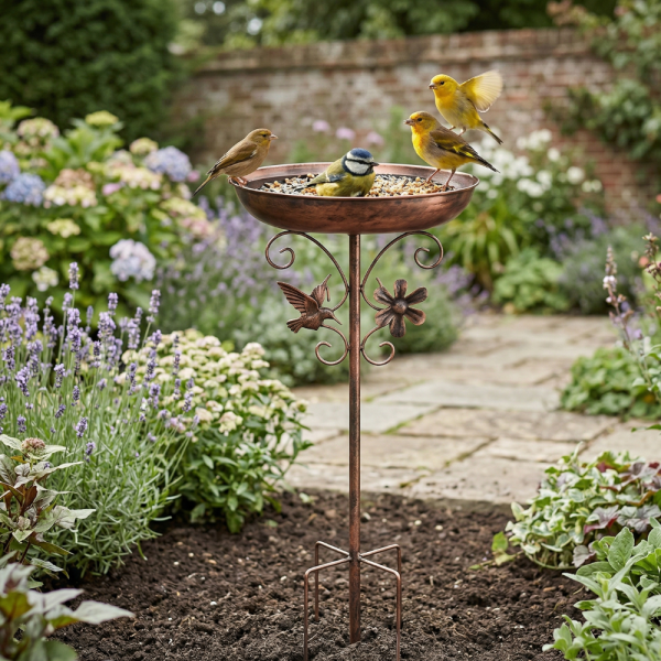 Метална градинска поилка и хранилка за птици 2-в-1 с декоративни елементи и стабилна основа 1