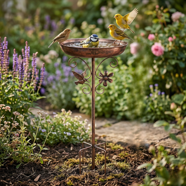 Метална градинска поилка и хранилка за птици 2-в-1 с декоративни елементи и стабилна основа
