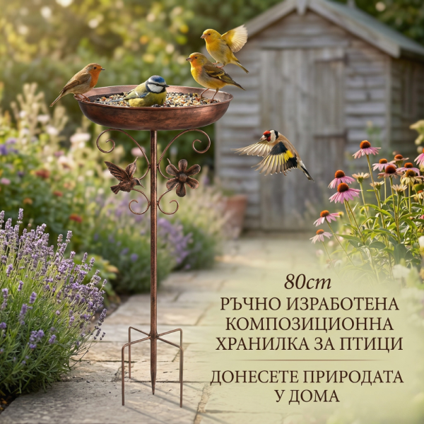 Метална градинска поилка и хранилка за птици 2-в-1 с декоративни елементи и стабилна основа 2