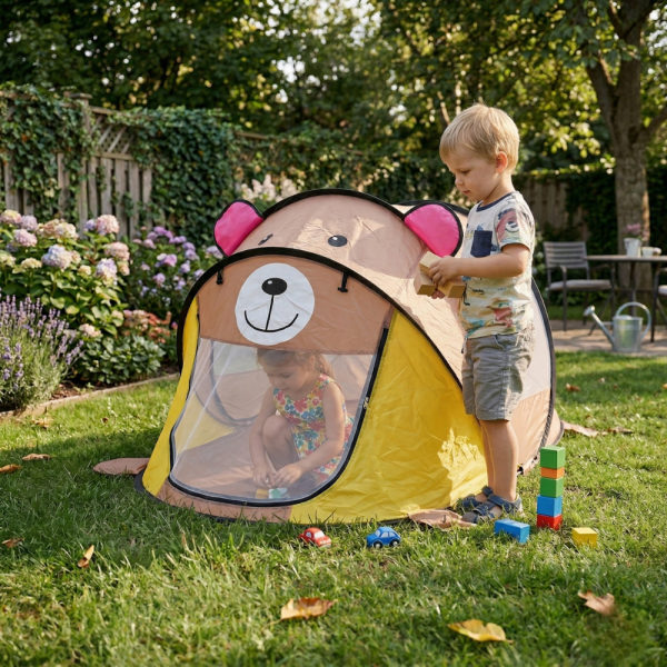 Палатка с мече за деца – лека, компактна и перфектна за дома, плаж и игри на открито