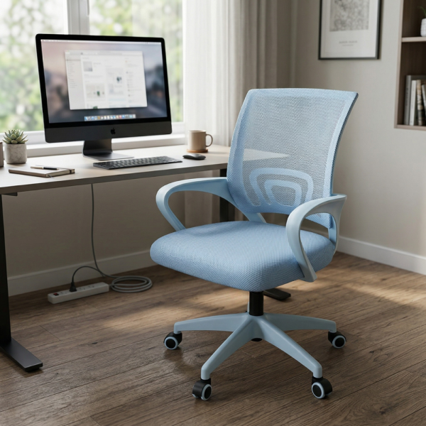 Ергономичен светлосин офис стол с дишаща мрежа и регулируема височина – комфорт през целия ден