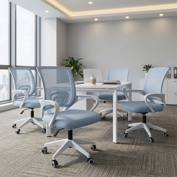 Ергономичен светлосин офис стол с дишаща мрежа и регулируема височина – комфорт през целия ден