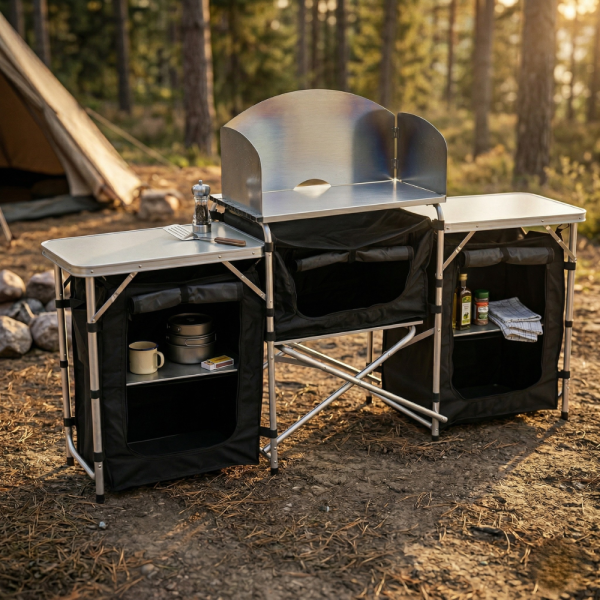 Сгъваема къмпинг кухня с 3 плота – мобилна кухня за къмпинг, пикник и каравана 1