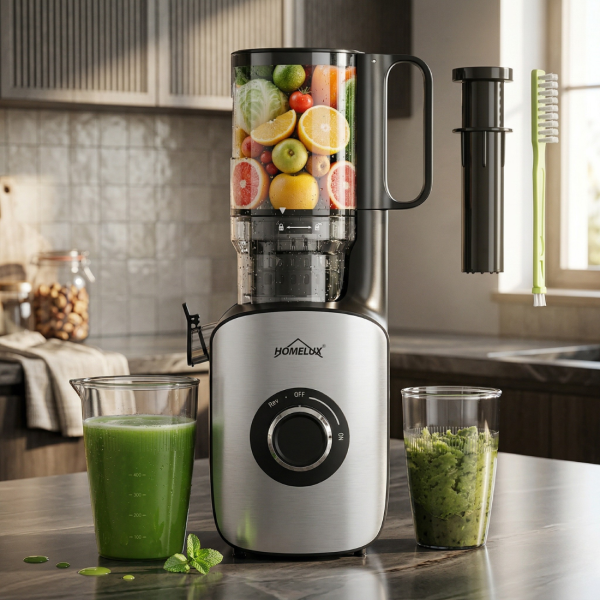 Бавна сокоизстисквачка HOMELUX 220W с XXL отвор 126 мм – студено пресоване за максимално полезен сок