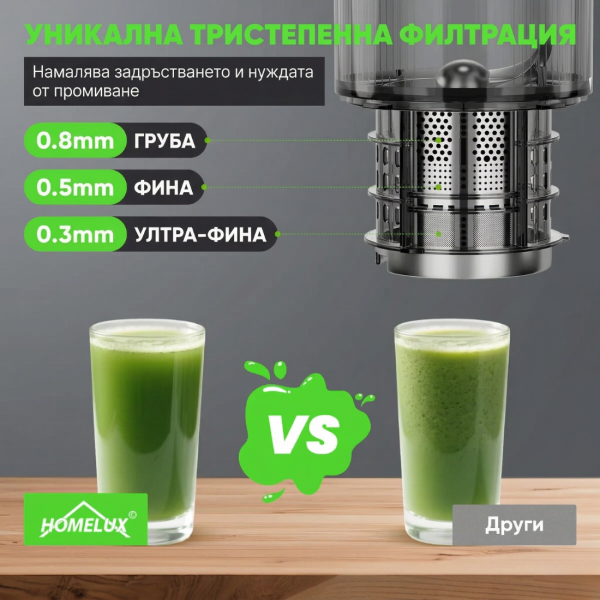 Бавна сокоизстисквачка HOMELUX 220W с XXL отвор 126 мм – студено пресоване за максимално полезен сок
