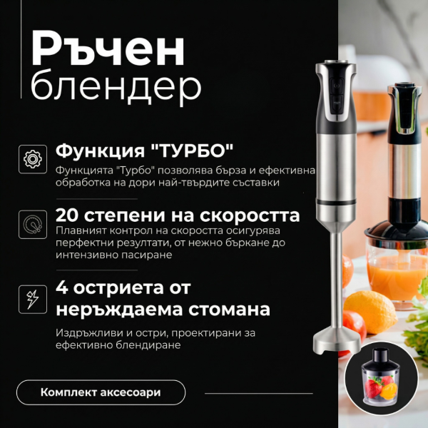 Мощен ръчен блендер 1800W с 20 скорости и турбо функция – комплект 5 в 1 с чопър, бъркалка и пенообразувател