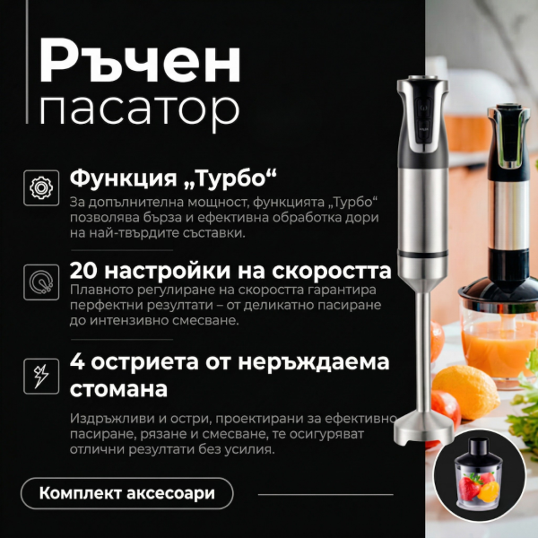 Мощен ръчен блендер 1800W с 20 скорости и турбо функция – комплект 5 в 1 с чопър, бъркалка и пенообразувател 5