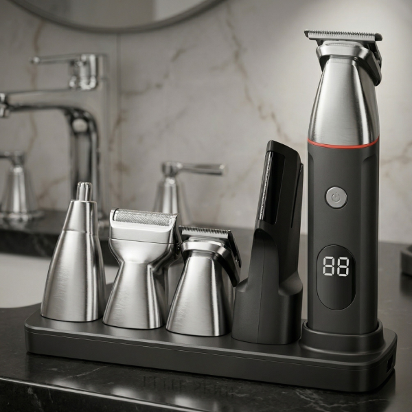 Професионален комплект за подстригване 5 в 1 – машинка, тример, бръсначка и приставки за лице и тяло