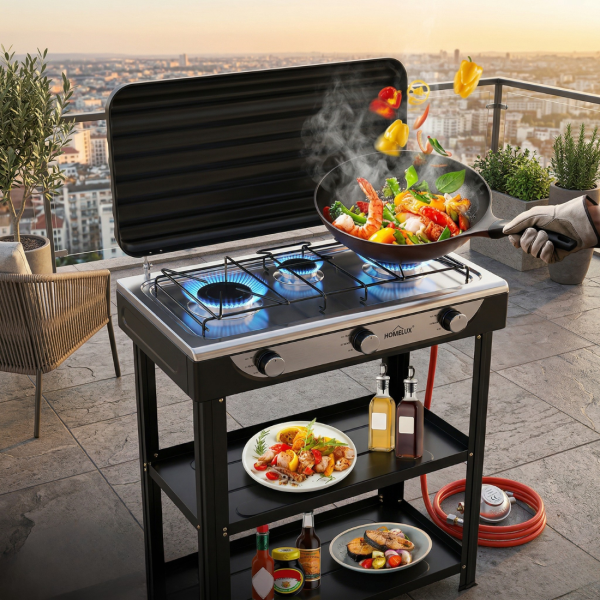 Газова печка HOMELUX с 3 горелки – 5.4 kW, комплект с маркуч и регулатор, идеален за къмпинг и двор