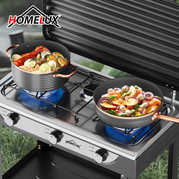 Газова печка HOMELUX с 3 горелки – 5.4 kW, комплект с маркуч и регулатор, идеален за къмпинг и двор