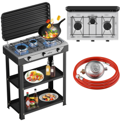 Газова печка HOMELUX с 3 горелки – 5.4 kW, комплект с маркуч и регулатор, идеален за къмпинг и двор