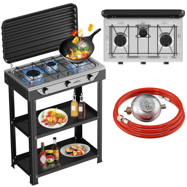 Газова печка HOMELUX с 3 горелки – 5.4 kW, комплект с маркуч и регулатор, идеален за къмпинг и двор