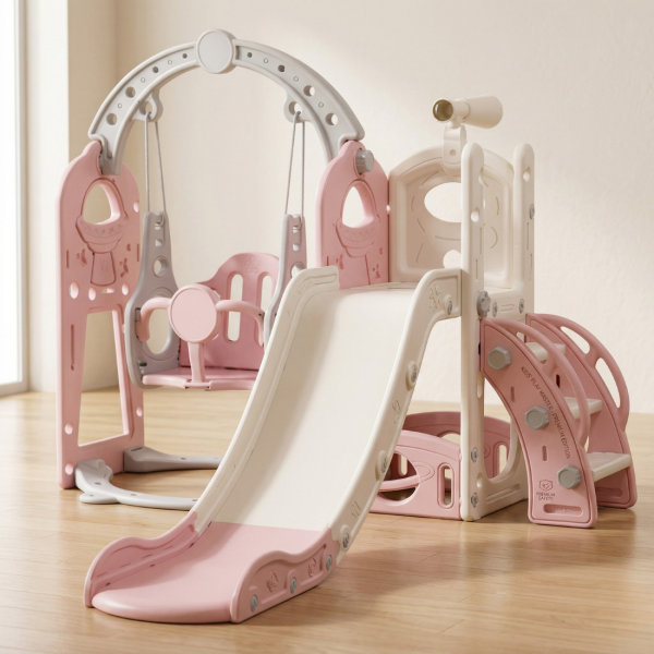 Детска розова пързалка с люлка 3 в 1 – за дома и двора, стабилна и безопасна конструкция