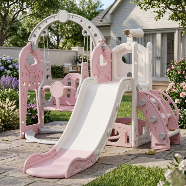 Детска розова пързалка с люлка 3 в 1 – за дома и двора, стабилна и безопасна конструкция