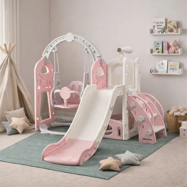Детска розова пързалка с люлка 3 в 1 – за дома и двора, стабилна и безопасна конструкция 4