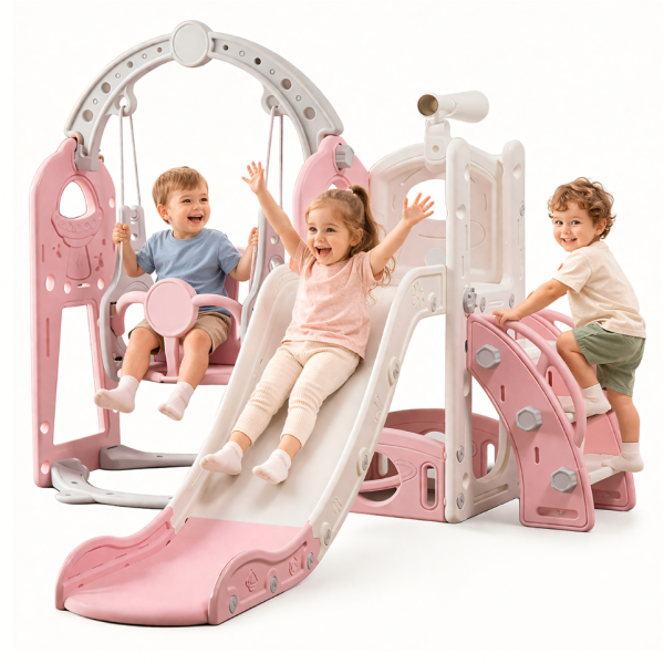 Детска розова пързалка с люлка 3 в 1 – за дома и двора, стабилна и безопасна конструкция