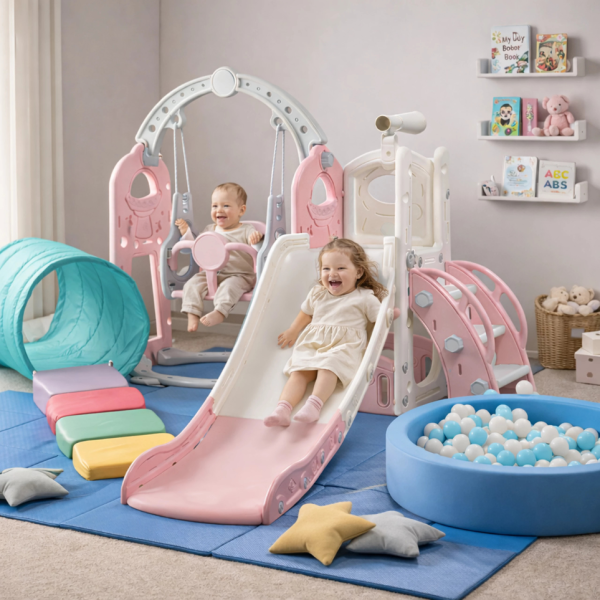 Детска розова пързалка с люлка 3 в 1 – за дома и двора, стабилна и безопасна конструкция