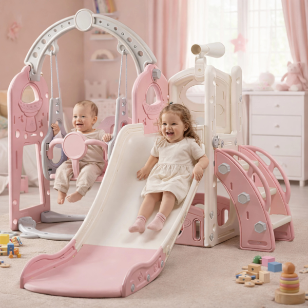 Детска розова пързалка с люлка 3 в 1 – за дома и двора, стабилна и безопасна конструкция