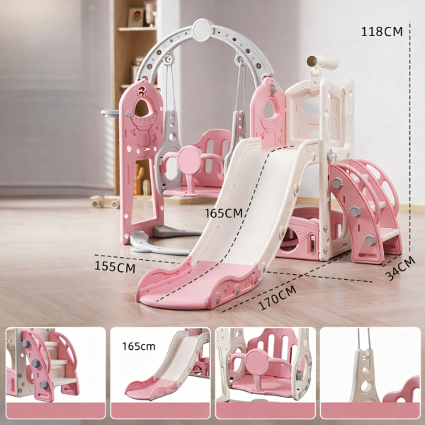 Детска розова пързалка с люлка 3 в 1 – за дома и двора, стабилна и безопасна конструкция
