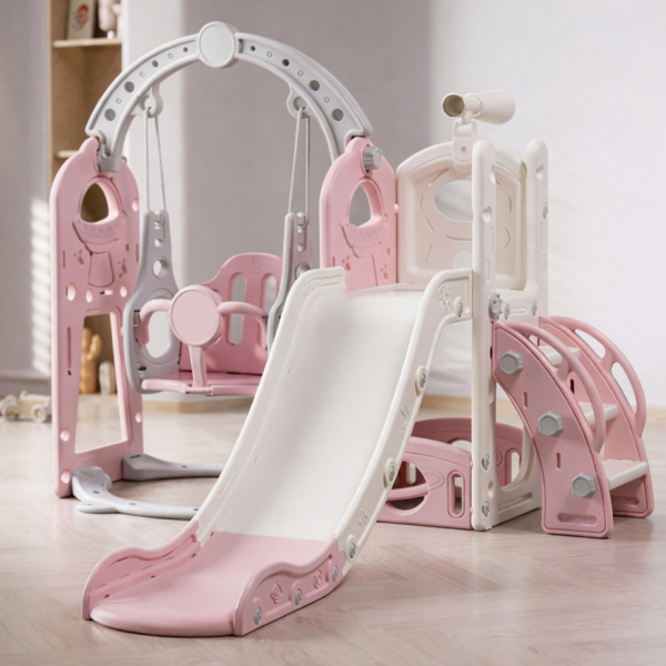 Детска розова пързалка с люлка 3 в 1 – за дома и двора, стабилна и безопасна конструкция