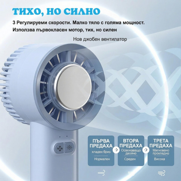 Преносим мини вентилатор 3в1 с полупроводниково охлаждане и леден компрес, 3 скорости, акумулаторна батерия 1800mAh, тих мотор 7