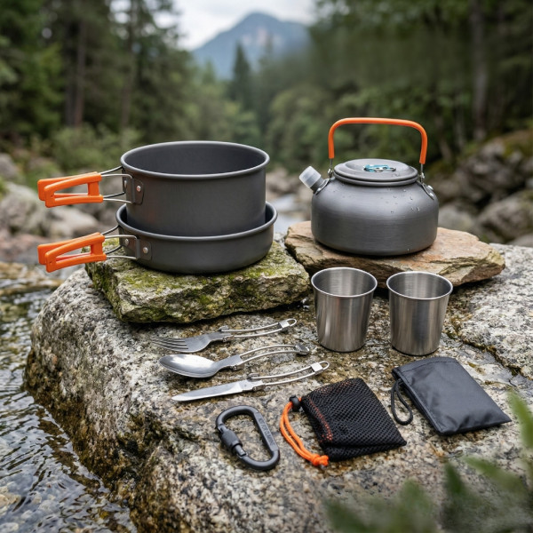 Къмпинг комплект за готвене XXL от 15 части – Пълен сет от анодиран алуминий