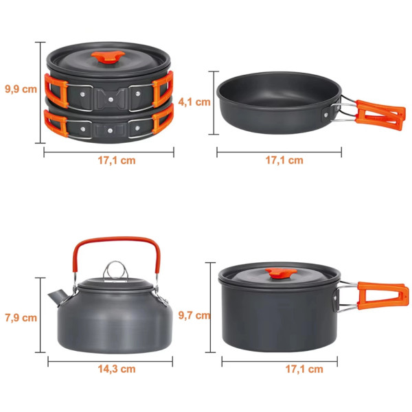 Къмпинг комплект за готвене XXL от 15 части – Пълен сет от анодиран алуминий
