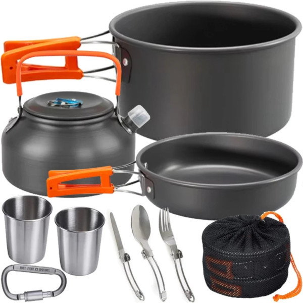 Къмпинг комплект за готвене XXL от 15 части – Пълен сет от анодиран алуминий 15