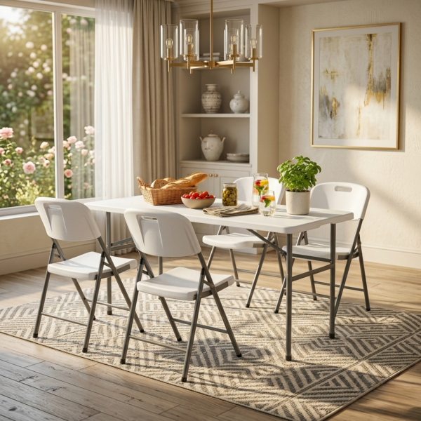 Сгъваема маса + 4 сгъваеми стола - практичен, здрав и удобен комплект за всяко събитие