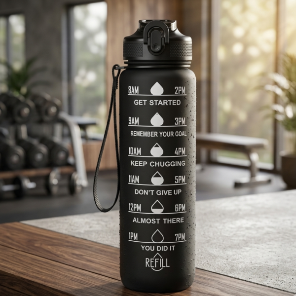Черна мотивираща бутилка за вода 1L с почасова скала – пий вода навреме 3