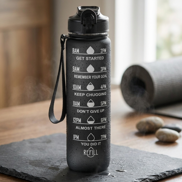Черна мотивираща бутилка за вода 1L с почасова скала – пий вода навреме 2
