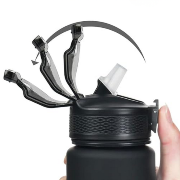 Черна мотивираща бутилка за вода 1L с почасова скала – пий вода навреме