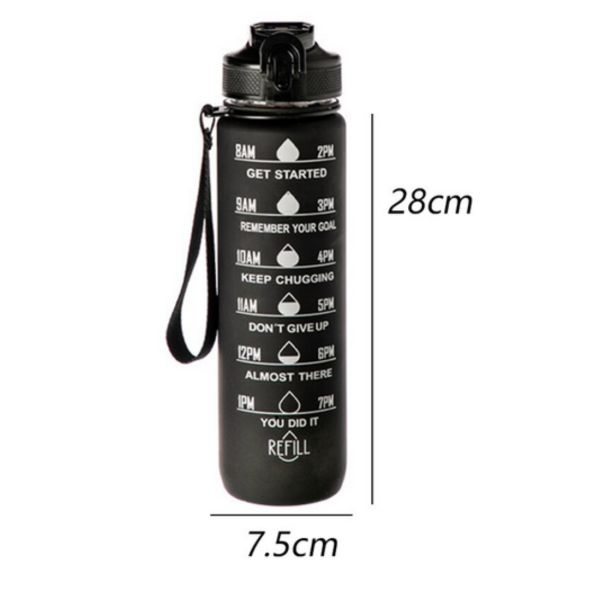 Черна мотивираща бутилка за вода 1L с почасова скала – пий вода навреме