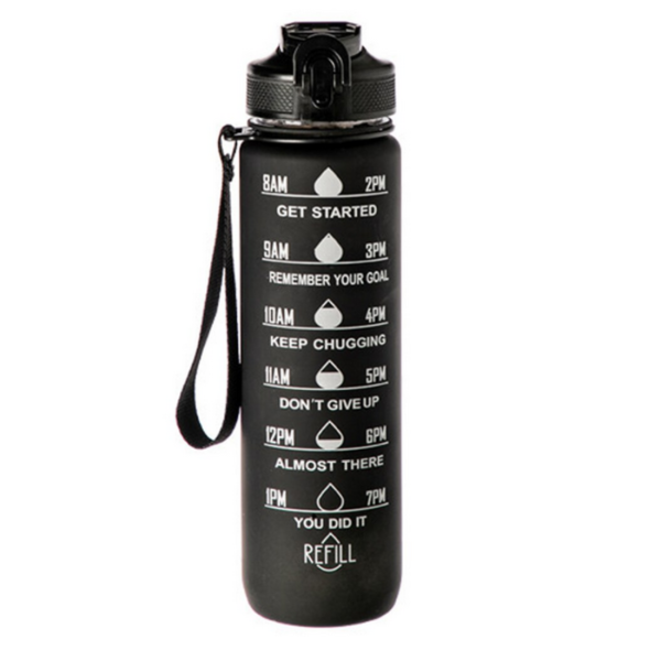 Черна мотивираща бутилка за вода 1L с почасова скала – пий вода навреме