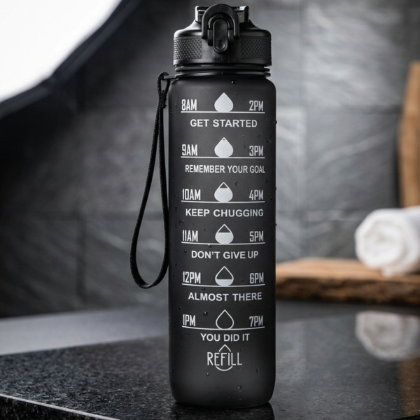 Черна мотивираща бутилка за вода 1L с почасова скала – пий вода навреме