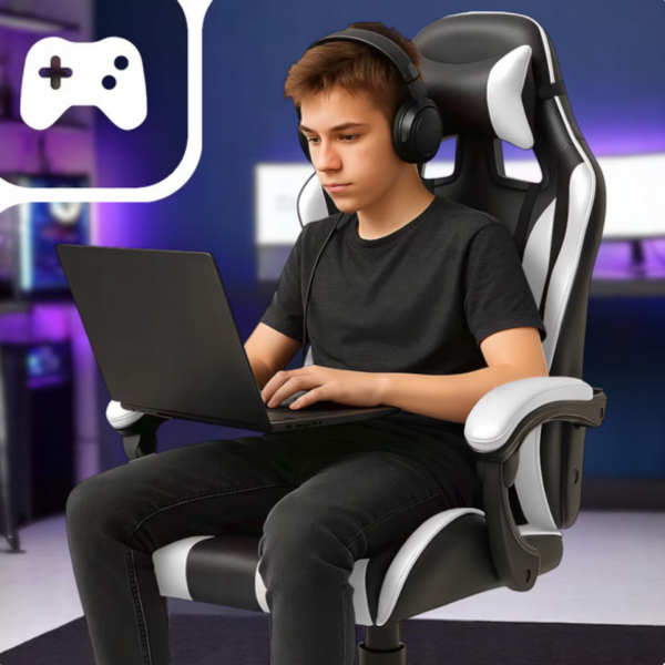 Ергономичен офис и геймърски бял стол – Максимален комфорт за гърба и врата, регулируем