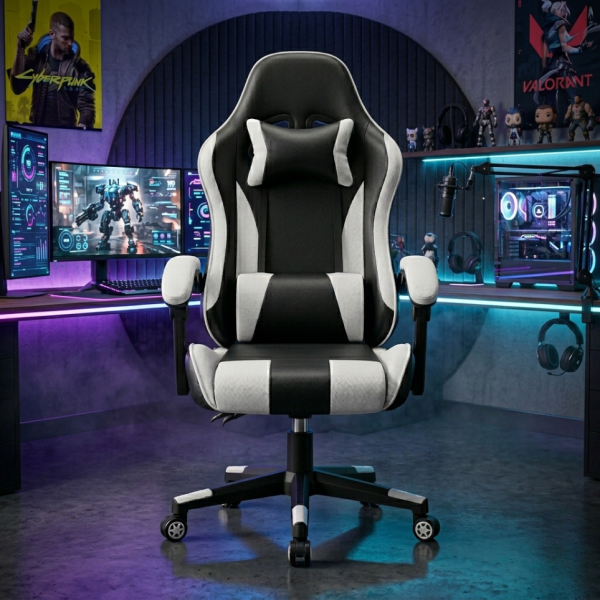 Ергономичен офис и геймърски бял стол – Максимален комфорт за гърба и врата, регулируем