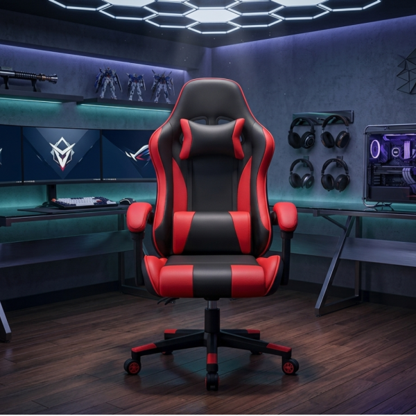 Ергономичен офис и геймърски червен стол – Максимален комфорт за гърба и врата, регулируем