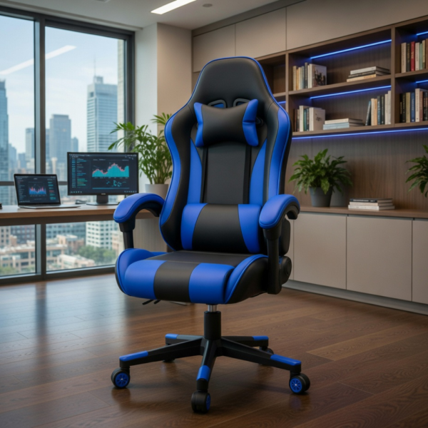 Ергономичен офис и геймърски син стол – Максимален комфорт за гърба и врата, регулируем
