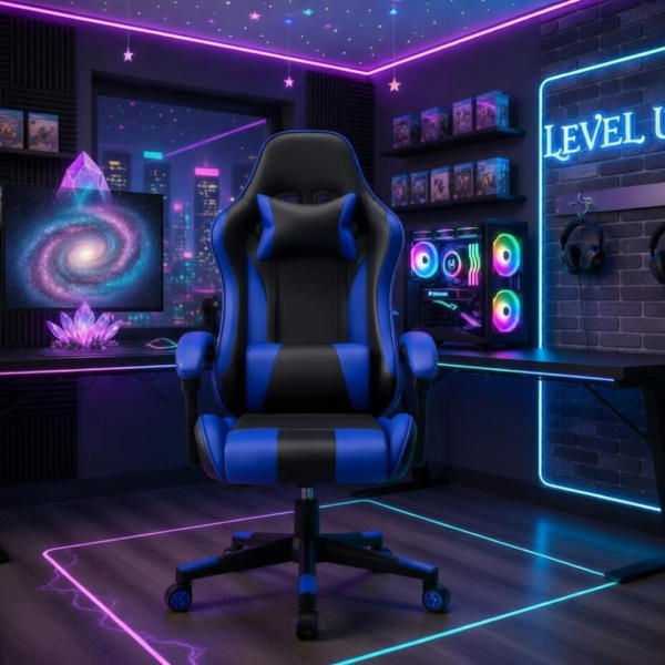 Ергономичен офис и геймърски син стол – Максимален комфорт за гърба и врата, регулируем