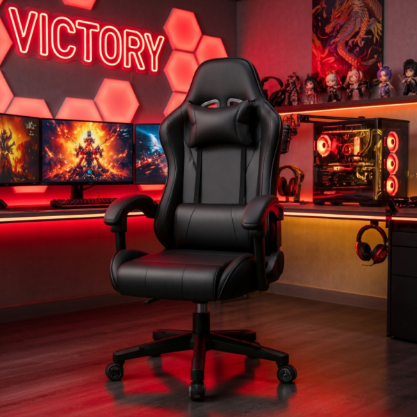 Ергономичен офис и геймърски черен стол – Максимален комфорт за гърба и врата, регулируем