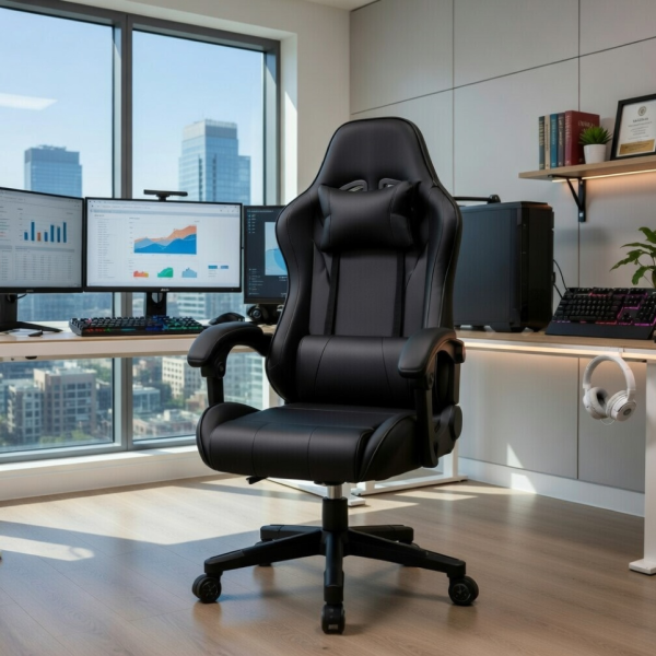 Ергономичен офис и геймърски черен стол – Максимален комфорт за гърба и врата, регулируем 6