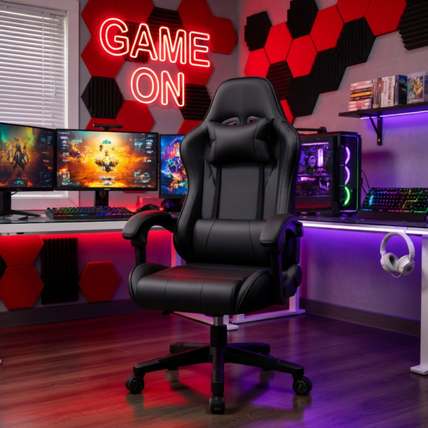 Ергономичен офис и геймърски черен стол – Максимален комфорт за гърба и врата, регулируем 5