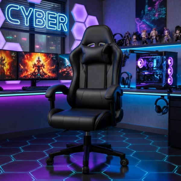 Ергономичен офис и геймърски черен стол – Максимален комфорт за гърба и врата, регулируем